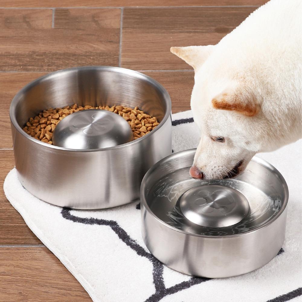 304 Metal Material Dog Bowl Large Capacity Double Layer Pet Feeding Bowl Round Shape Anti-Slip Bottom Metal Bowl Home Pet Use