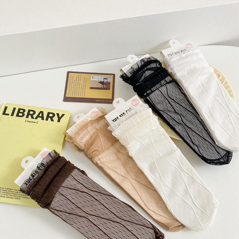 Ruffle Socks Women Summer Ultra-thin Transparent Solid Color Loose Long Socks JK Lolita Sweet Girls Cute Mesh Fishnet Lace Socks