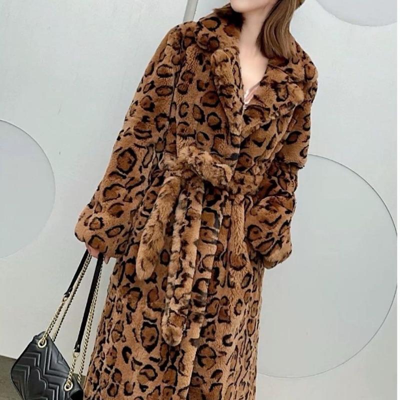 

костюм воротник мех талия длинный леопардовый принт пальто свободный искусственный мех куртка женская осень и зима leopard print with belt.