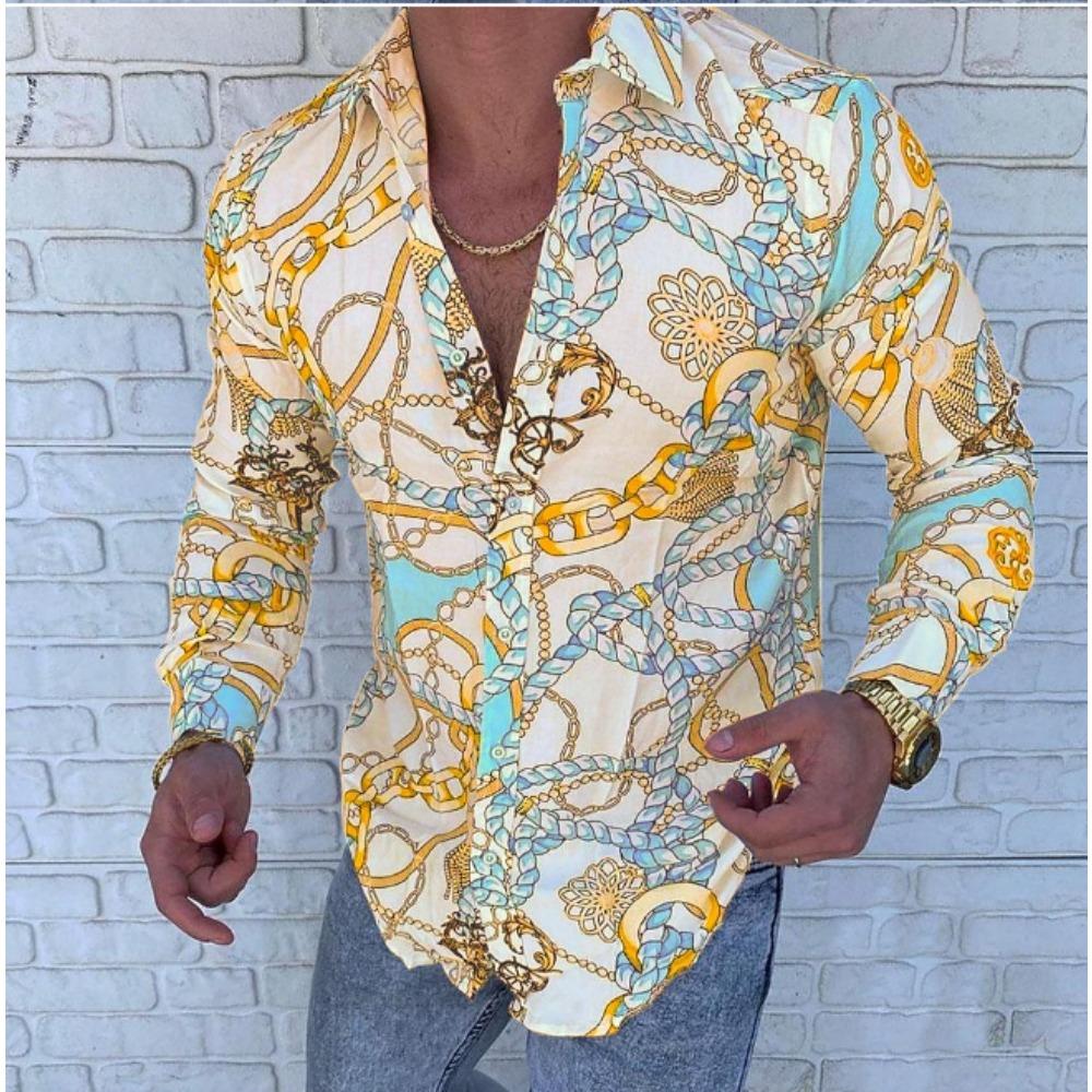 Men's Chain Printed Long Sleeve Shirts Casual Cardigan New Button Holiday Fashion Shirts