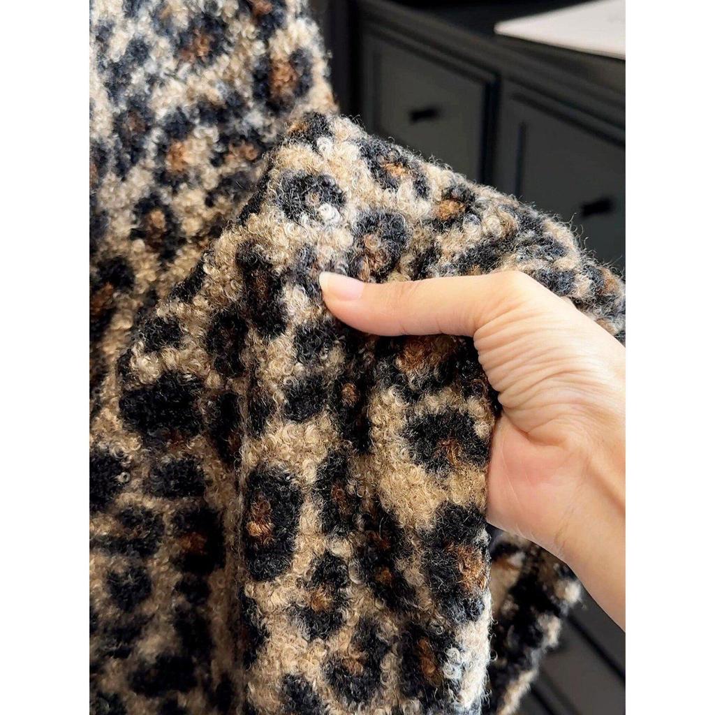High-Waist Slimming Lambswool Leopard Print A-Line Skirt - Women's Spring/Autumn Hip-Hugging Mid-Length Skirt