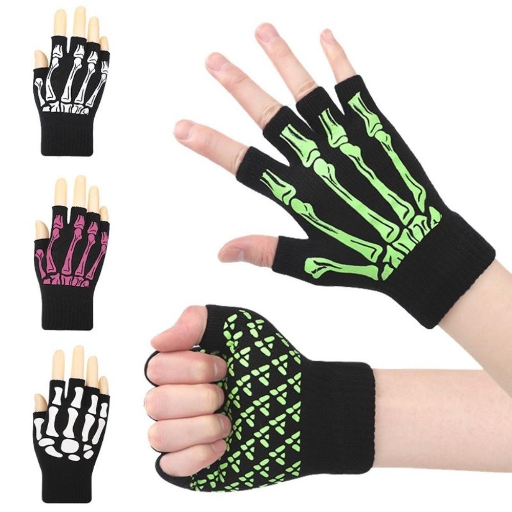 Black Halloween Skeleton Gloves Knitted Skull Half Finger Gloves Punk Skeleton Gloves  Moto Riding