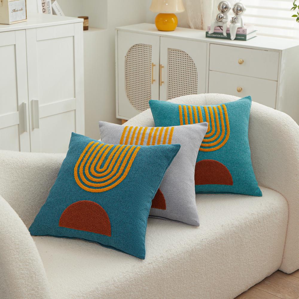Abstract Simple Embroidery Cushion Cover 45X45Cm Chenille Pillow Cover Geometric Rising Sun Tufted Pillowcase For Sofa Couch Bed