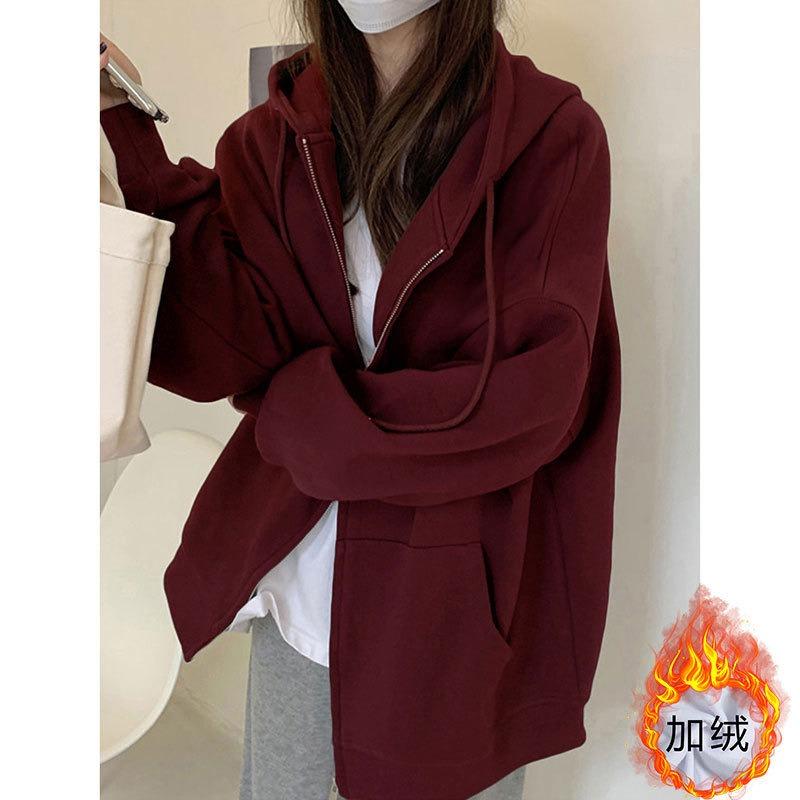 Grey sweater jacket women's thickened, autumn and winter velvet cardigan loose zipper hooded top