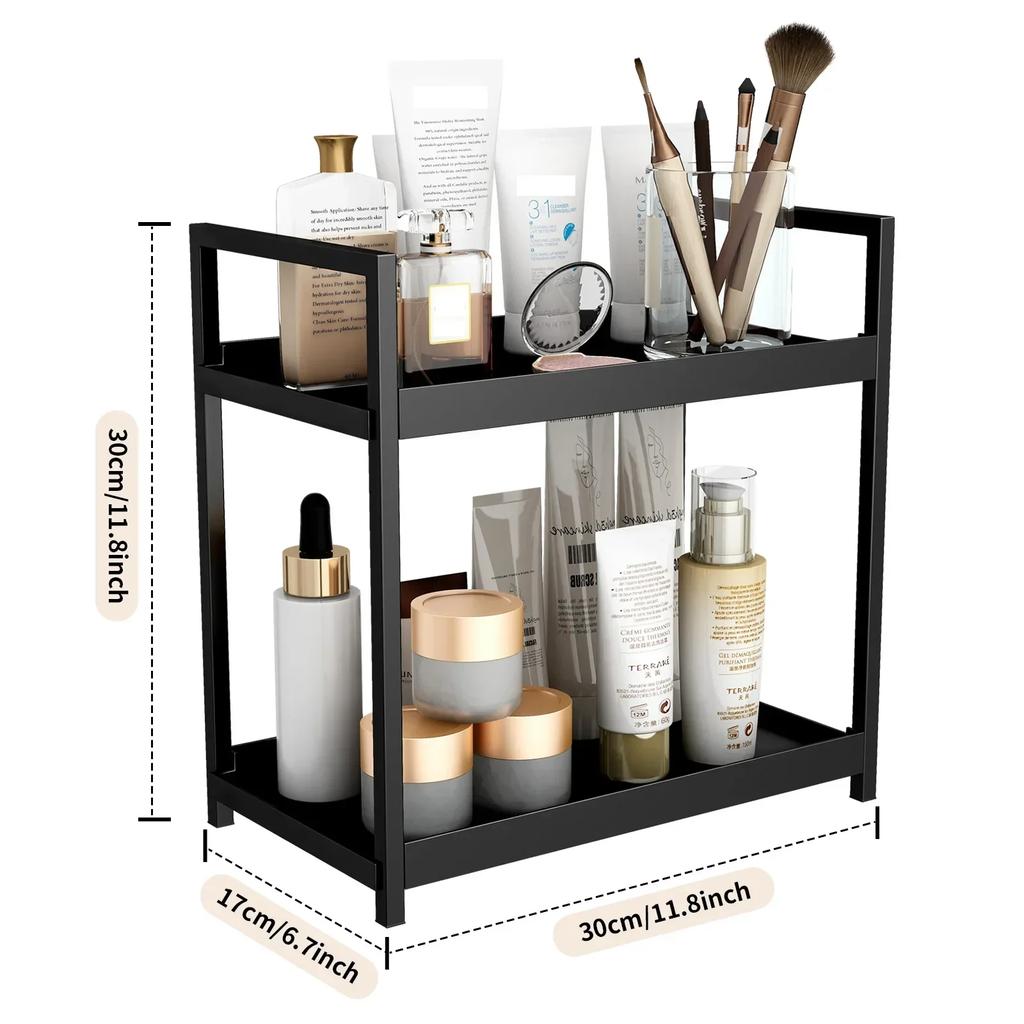 2 Tier Under Sink Organizer Sliding Cabinet Basket Organizer Storage Rack with Hooks Hanging Cup Bathroom Kitchen Organizer