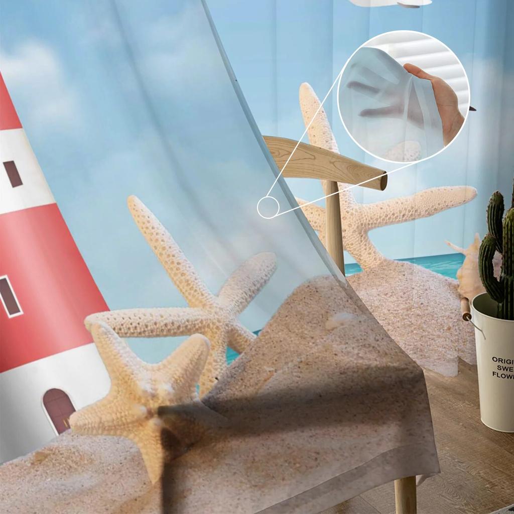 Sea Beach Lighthouse Starfish Seagull Sheer Window Curtains For Living Room Bedroom Modern Tulle Curtains Fabric Drapes