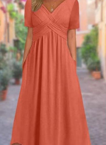 Women's Short Sleeve Midi Dress V Neck High Waist Streetwear Casual Solid Flared Long Dress With Side Pockets