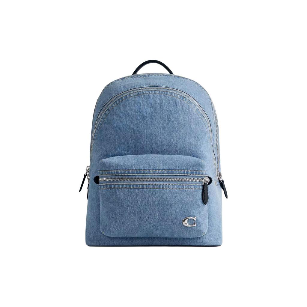 Coach Charter 30 Double Zipper Closure Denim And Calfskin Backpack Large Men Backpack Indigo CR764-WSA