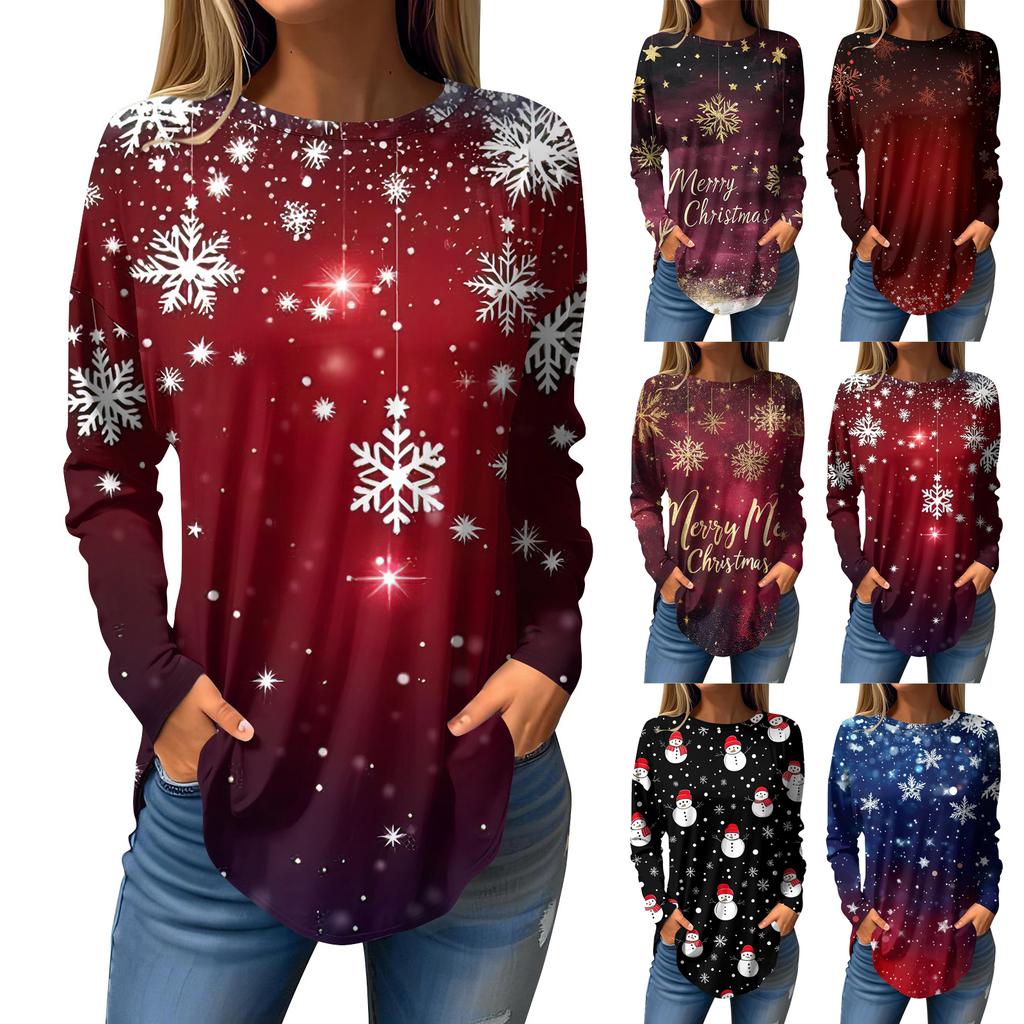 Women's Loose Round Neck Christmas Print Long Sleeve T-Shirt Top Pullover