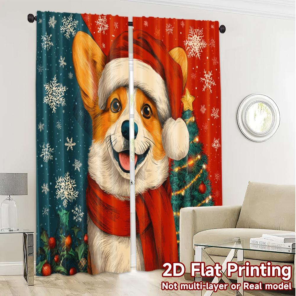 2D Flat Printing  JIT 2pcs   Curtains (Without Rod) Christmas Corgi Modern Curtain Fabric Machine Washable Fabric Curtains