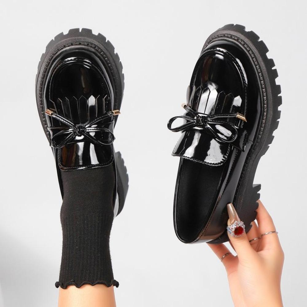Summer Black Vintage Platform Flats Shoes Women Easy To Put On Butterfly Knot Med Heels Loafers Daily Shoes