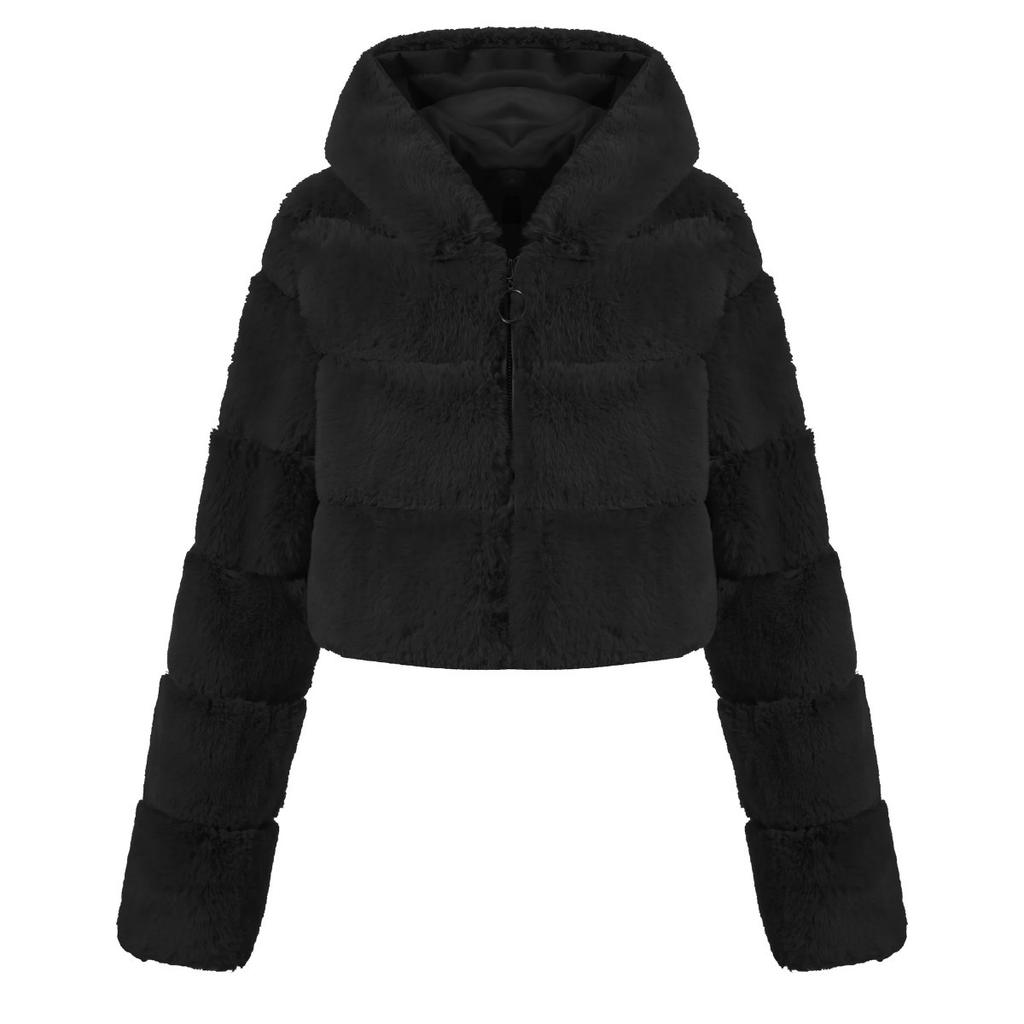 Y2k Streetwear Women Autumn Winter Faux Fur Coat Hooded Cropped Jacket Fur Coat Long Sleeve Cardigan Soft Tops Vintage Harajuku