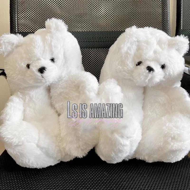 

Cute Teddy Bear Plush Winter Slippers wrapped Heel Funny Indoor Floor Shoes Women Gift warm Soft Cartoon Fluffy Animal Slippers 36 білий