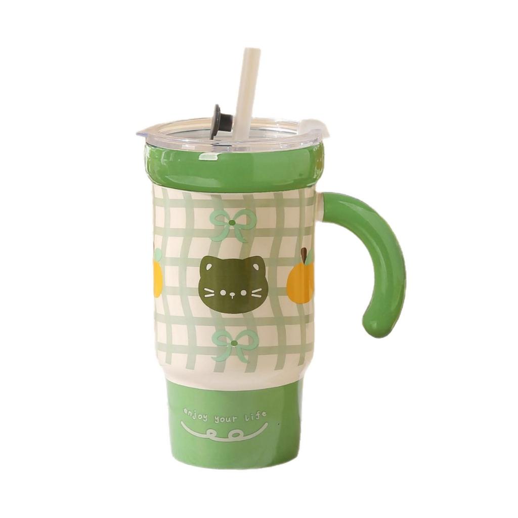 Snygg Mugg med Stor Kapacitet Söt Sugrörskopp Flickas Kontorsmugg Keramisk Mugg med Lock Födelsedagspresent