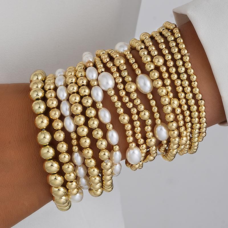 13pcs Vintage Gold Color Pearl Bead Bracelet Set for Women Elegant Multi Layer Stacked Elastic Bracelets Daily Holiday Jewelry