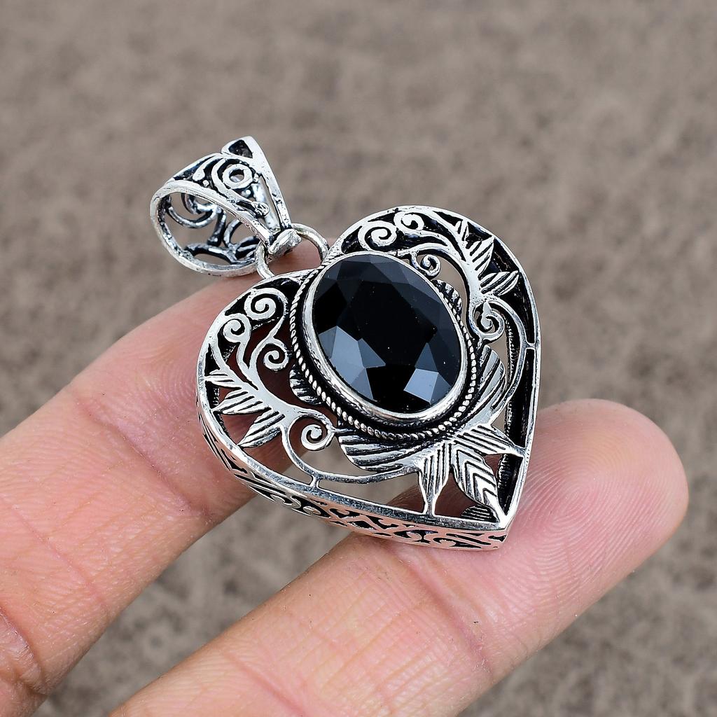 Black Spinel Gemstone Handmade 925 Sterling Silver Jewelry Pendant 1.77" KKG-52