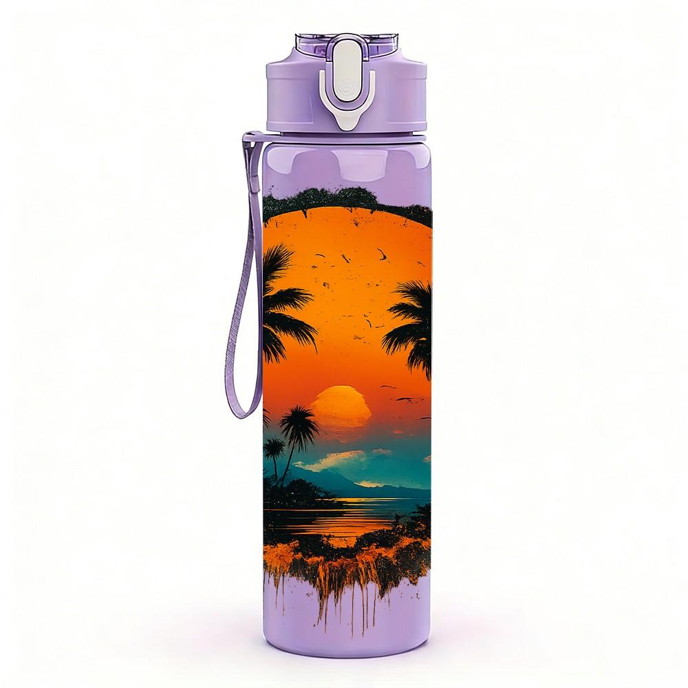 1PC Sunset Palm Tree Island Badge Print 750ml Color Plastic Sports Water Bottle Leakproof Flip Straw Lid Suitable for Sports Office Home Use