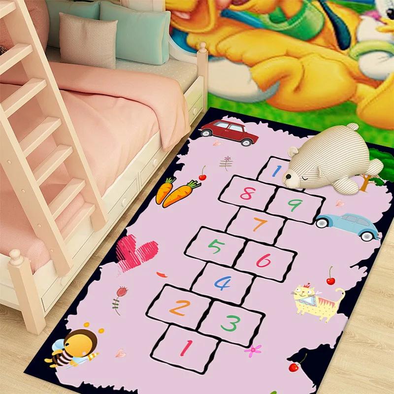 Kids Cartoon Playful Area Rug Colorful Hopscotch Number Animal Growth Chart Patterns Soft Decorative Carpet For Children's Room