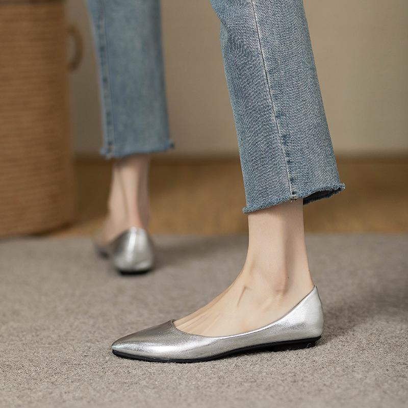 Fashion Flat Shoes for Women's Spring and Autumn 2025 French Pointed Toe New Flat Shallow Silver Work Plus Size Women's Shoes Ladies