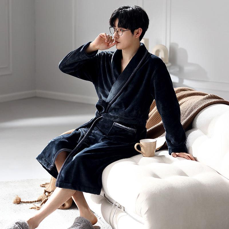 Nightgown Men'S Winter Coral Fleece Warm Fleece Thickened Medium And Long Flannel Robe Pajamas Men'S Winter Bathrobe