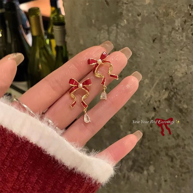 Elegant Red Bow Zircon Earrings for Women