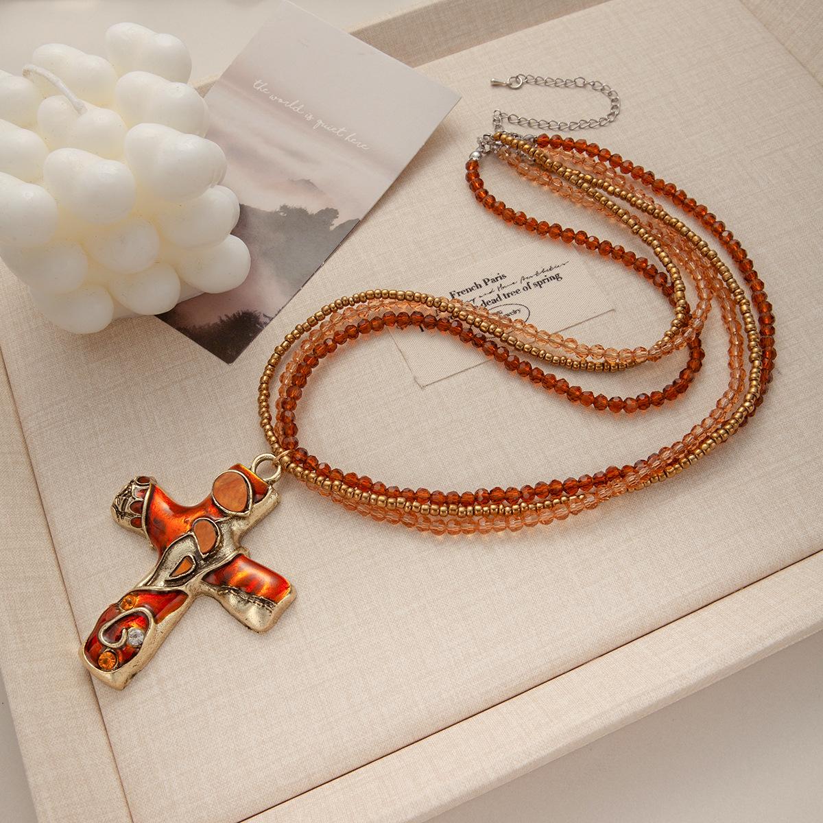 Vintage Gothic Vintage Necklace Orange Multi-Layer Cross Pendant High-End Heavy Industry Niche Personality Items