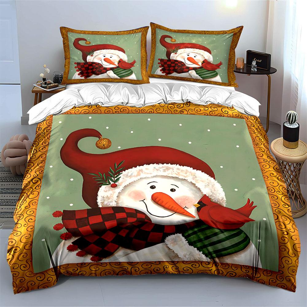 Snowman with Cardinal Design Bedding Duvet Cover Set Duvet Cover Pillowcases (1*Duvet Cover 2*Pillowcases, Without Duvet Insert)