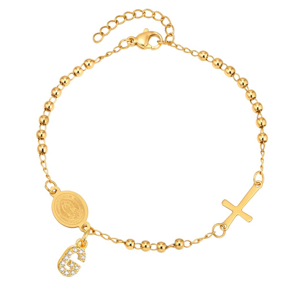 Stainless Steel Rosary Virgin Mary Beaded Bracelets with A-Z Initial Letter Pendant, Gold Plated Religion Jewelry for Women