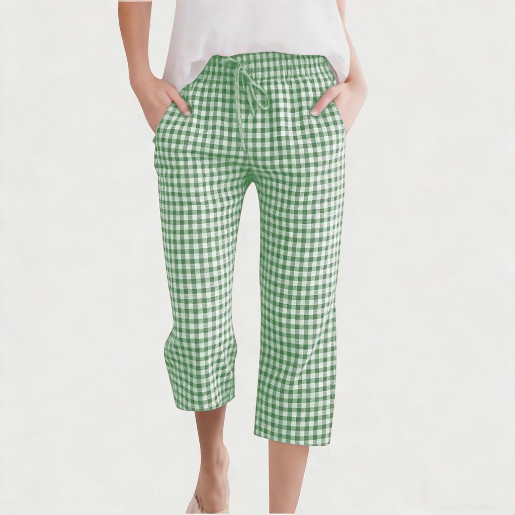 Children's Fashionable And Cute Checkered Elastic Waist Pocket Casual Girls' Cropped Pants