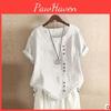 Top Vintage Women Solid Color Loose Casual Tops Button Linen Daily Boho Tunic Tshirt Short Sleeve Blouse Plus Size