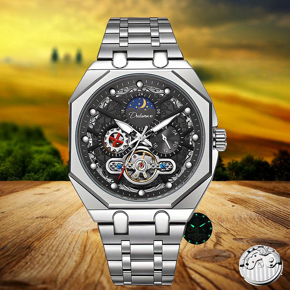 Tourbillon Hollowed Out Strong Luminous Moon Phase Mechanical Watch for Men, Fully Automatic Business Watch, Holiday Gift, Stainless Steel Watch