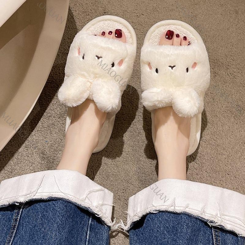 Fashion 2025 Autumn New Home Cartoon Rabbit Cotton Slippers Female Flat Bottom Plush Solid Color Soft Indoor Slides Casual Women's Shoes