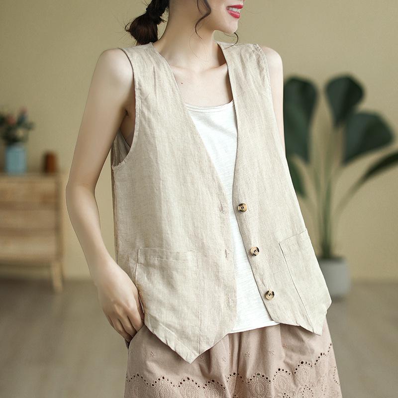 Women's V-Neck Cotton Linen Waistcoat - Sleeveless, Lightweight Summer Outerwear