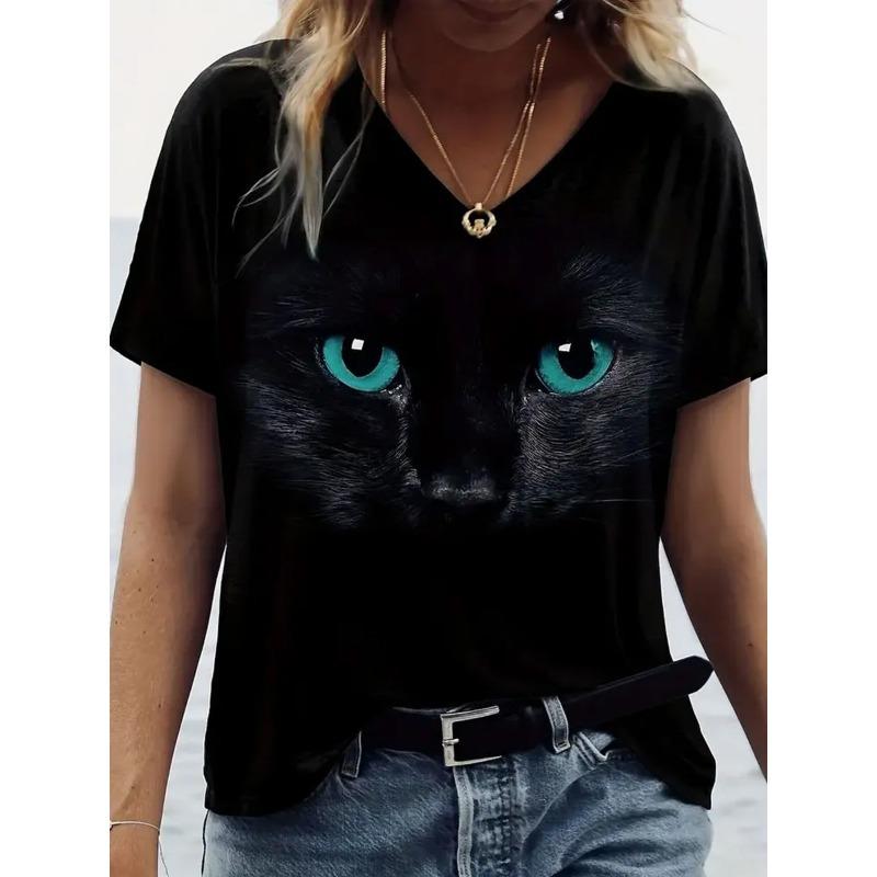 Cartoon T-shirt Women's Short Sleeve Summer Outdoor Casual V-Neck Short Sleeve Tops Oil Painting Puppy Print Plus Size Clothing
