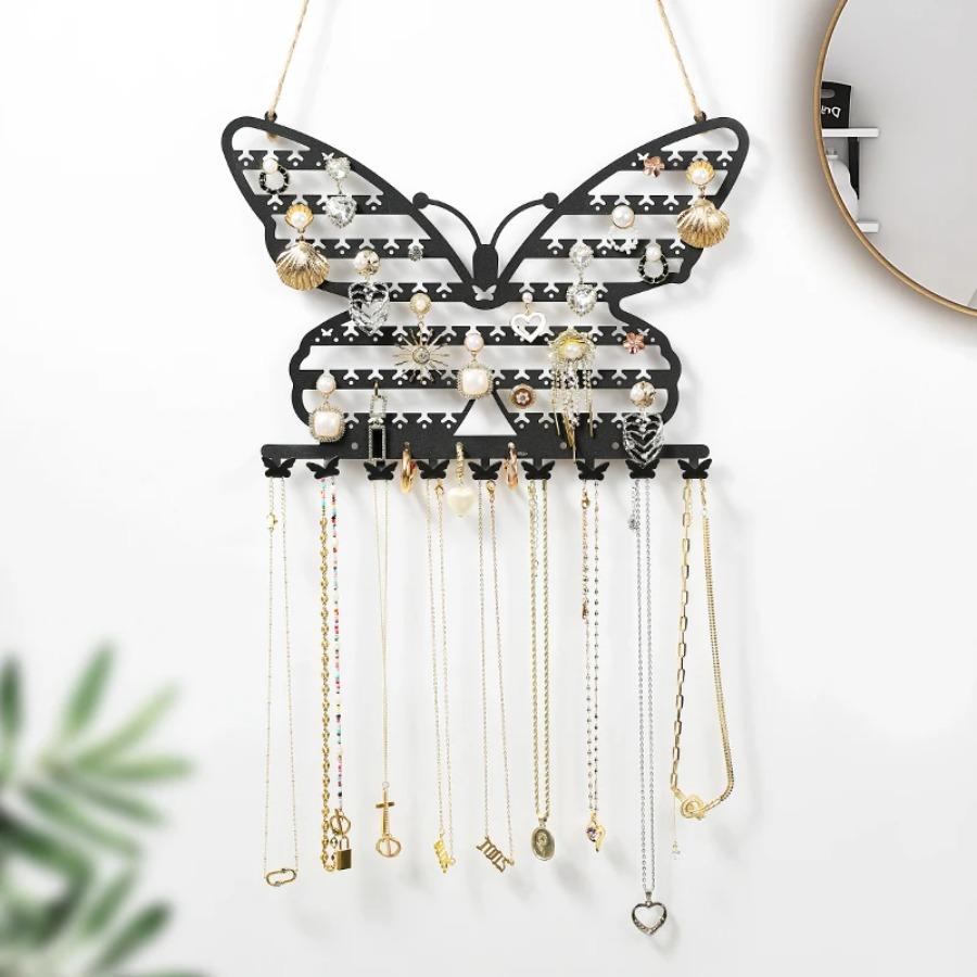 Butterfly Shape Wall Mounted Jewelry Rack Jewelry Hanging Rack for Necklaces Earrings Bracelets Display and Storage Black