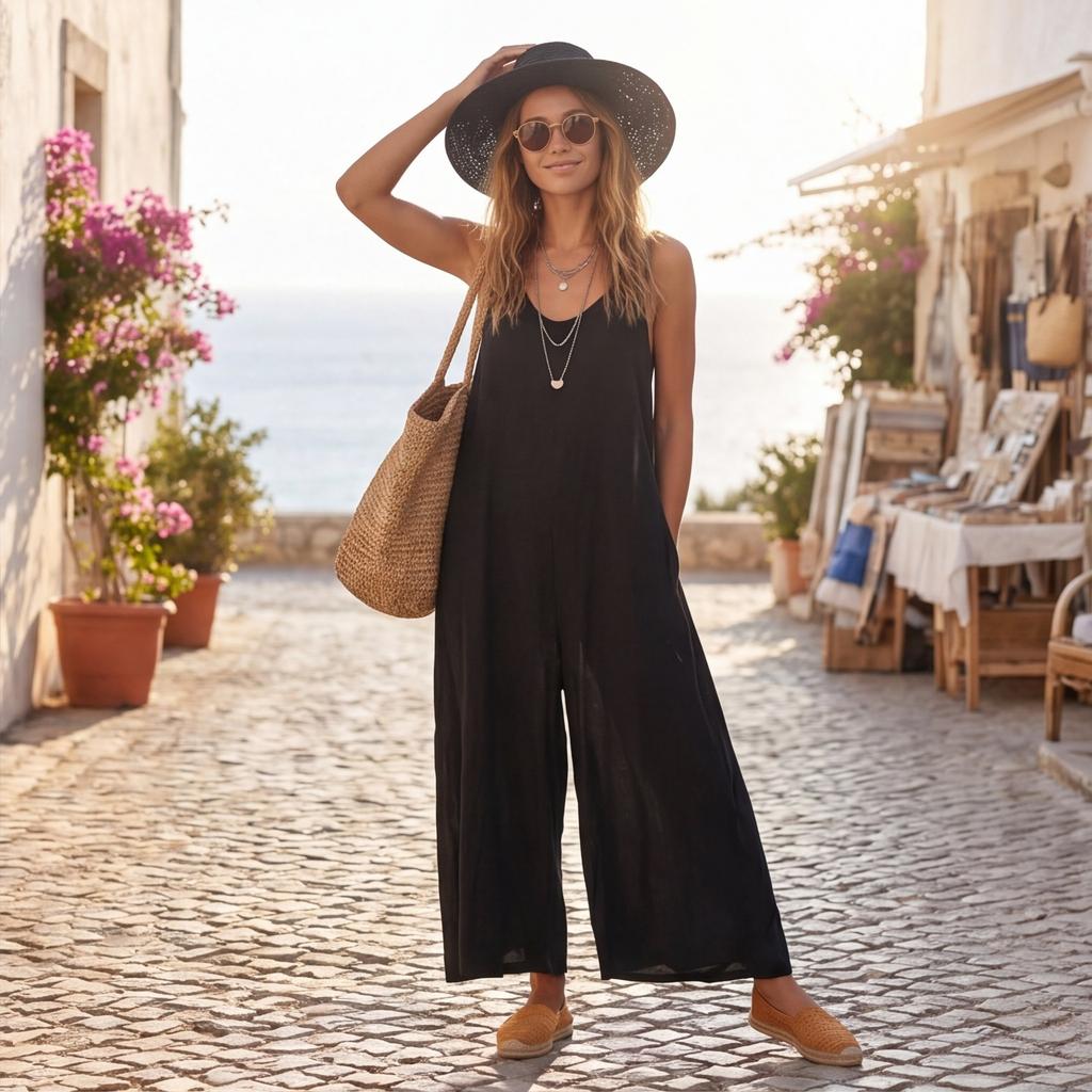Women’s Loose Fit Sleeveless Jumpsuit Wide Leg Casual Long Romper Lightweight Spaghetti Strap Baggy Pants Overalls