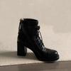 Cowhide Version~ Commuter Style Small High-heeled Martin Boots Women's Retro Temperament Round Head Lace-up Rear Zipper Small Short Boots