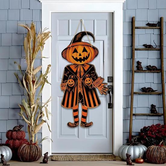 Vintage Halloween Pumpkin Door Sign Spooky Felt Pumpkin Man Hanging Welcome Sign Retro Wall Door Hanger for Farmhouse Home Decor