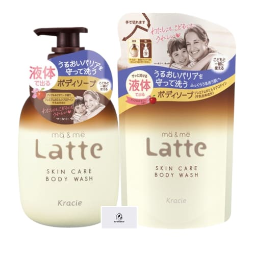 ma&me Latte, a liquid body soap for kids and adults, with an apple and peony scent. 490ml bottle + 360ml refill. This moisturizing, dense foam soap co