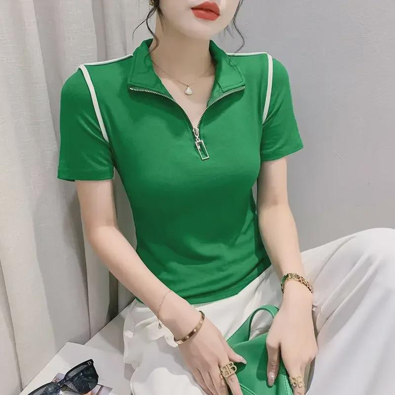 Tricou European pentru Femei cu Guler Ridicat și Fermoar la Jumătate, Design de Vară 2023, Top Versatil cu Mânecă Scurtă