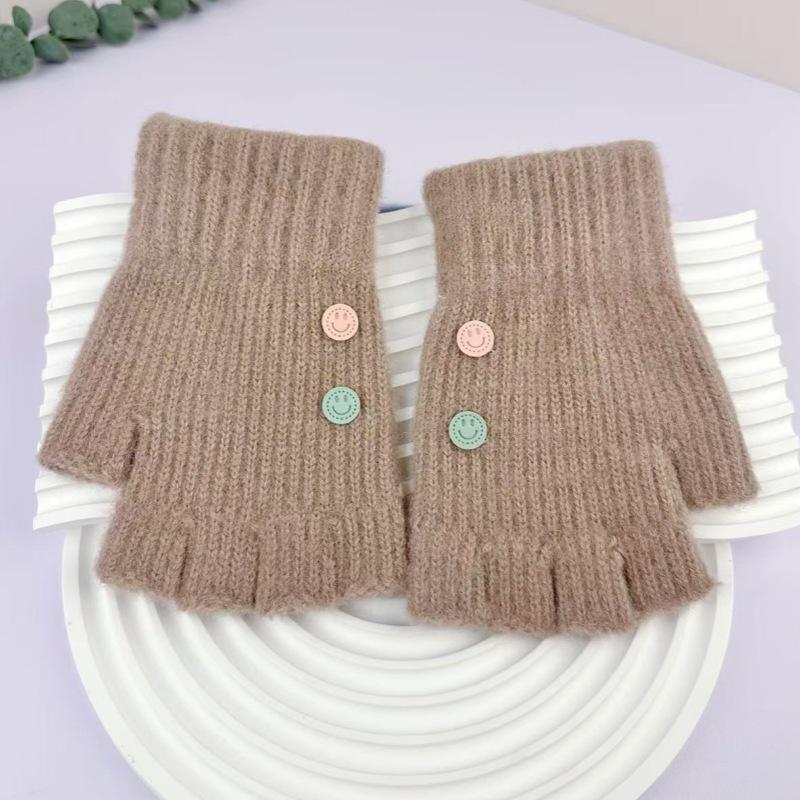Female Half Finger Gloves Korean Versatile Student Writing Autumn/Winter Knitted Gloves Cycling Warmth
