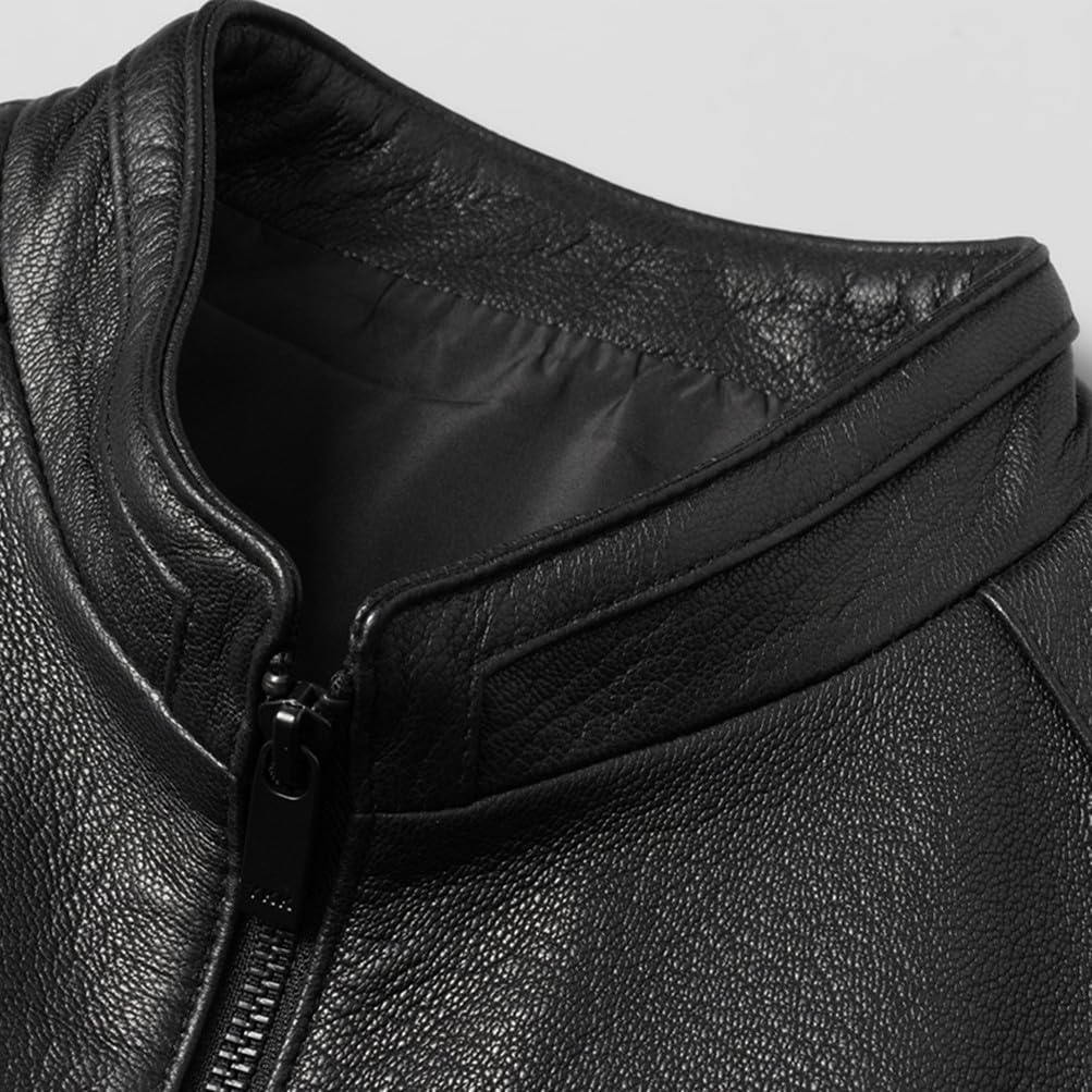 JINLUN Genuine Goatskin Leather Real Leather Men's Jacket, Single-Breasted Rider's Jacket, Blouson, Jumper, Black, Spring/Autumn (Black, 3XL)