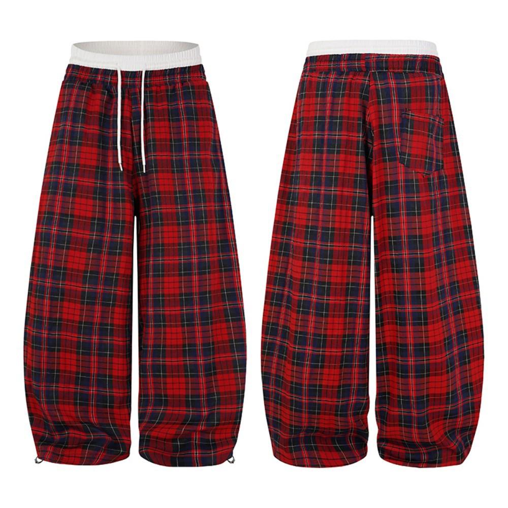 Amerikanischer Retro-Lässiger Stil Kordelzug Rote Karohose Frühling und Herbst Neue lockere Weitbeinige Hosen für Herren und Damen