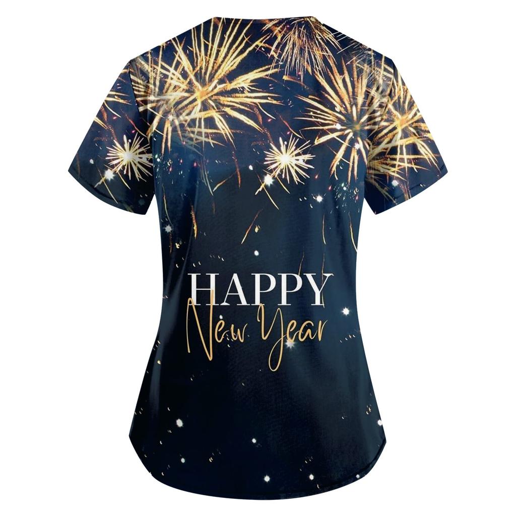 Women's Fashion 2024 New Year Printed Short Sleeve V Neck Pattern Tops Pocket Working T-shirts