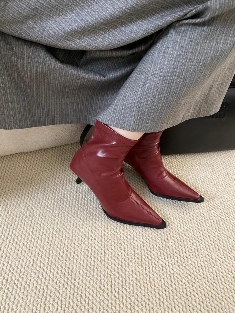 Fashion Fashion Women Ankle Boots Chelsea Bootie Red Gold Black Thin High Heels Autumn Spring Dress Shoes Woman Slip On Party Pumps 39