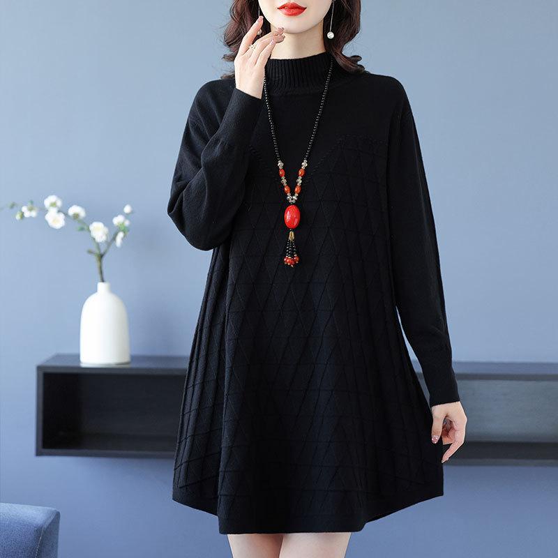 Half Turtleneck Knitted Dress for Women In Autumn and Winter Long-sleeved Mid-length Sweater Loose and Casual Pullover