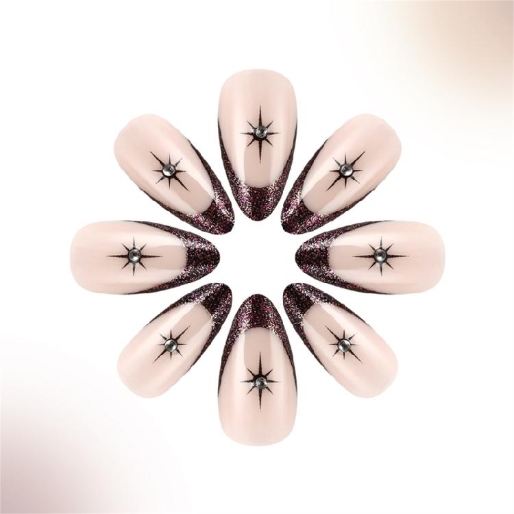 24pcs Short Almond Press On Nail Artificial Nail Glitters Star Designs French Tip Stick on Nail for a Stylish Look