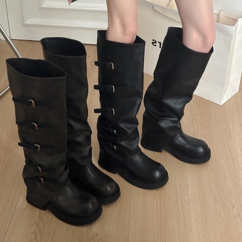 Maillard but knee boots women's 2025 new autumn retro stacking pants tube boots thick heel tall knight boots