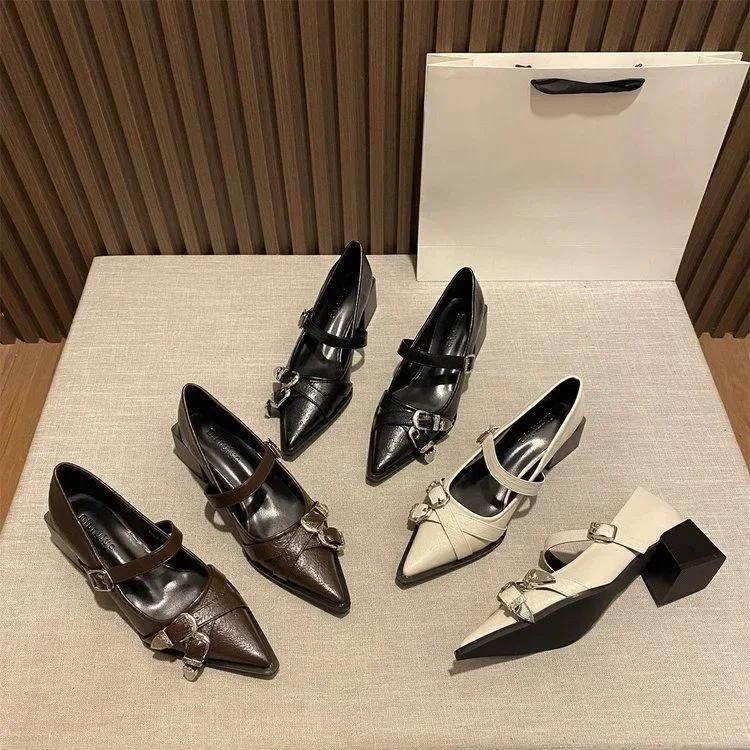 Fashion Spring Women's High Heels Sexy French Style Pointed Shoes Metal Decoration Paired Skirts Elegant Banquet Fashion Mary Jane 2025