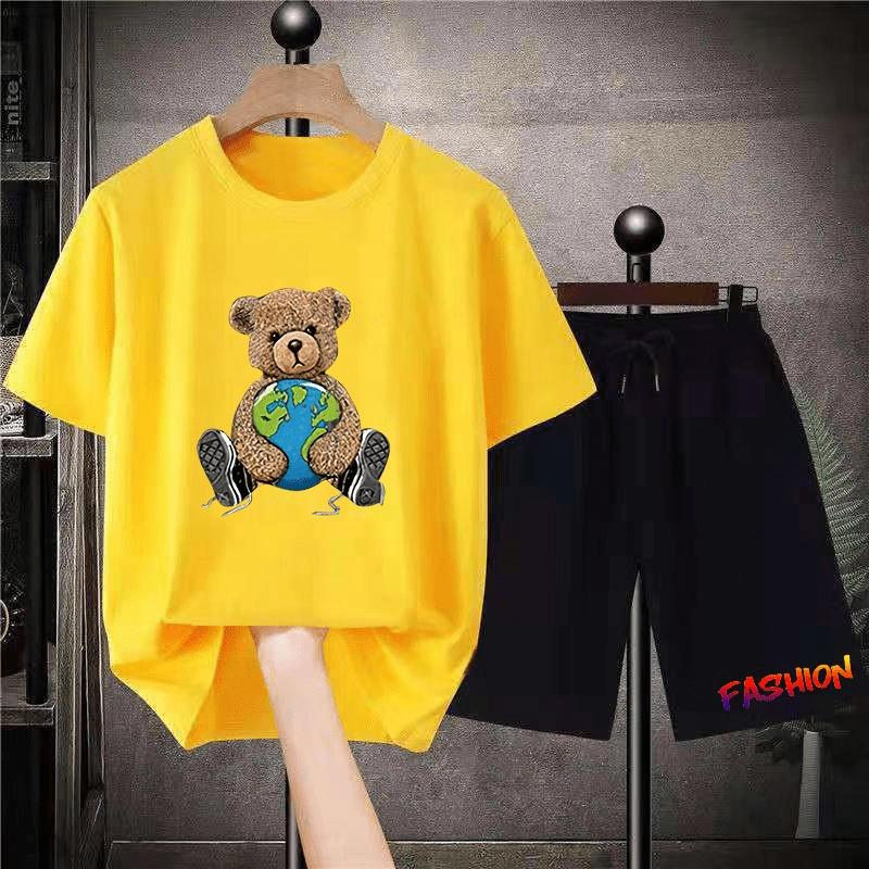 Korean Brand Bear Print T-shirt Men's Cotton Short-sleeved Oversized T-shirt Hip-hop Retro Suit Unisex Free Shipping